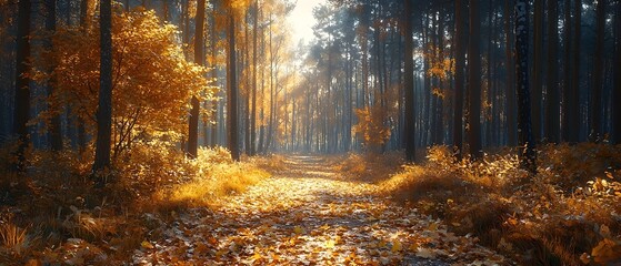 A serene autumn forest with golden leaves scattered on the path, creating a warm and inviting atmosphere. The sunlight filters through the trees, illuminating the peaceful scene.