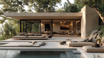 Fototapeta premium Minimalist outdoor living space with sleek furniture, clean lines, and a neutral color palette.