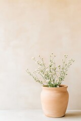 Clay pot with delicate flowers on light backdrop