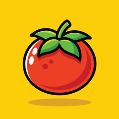 A cartoon illustration of a ripe red tomato with green leaves on a bright yellow background.