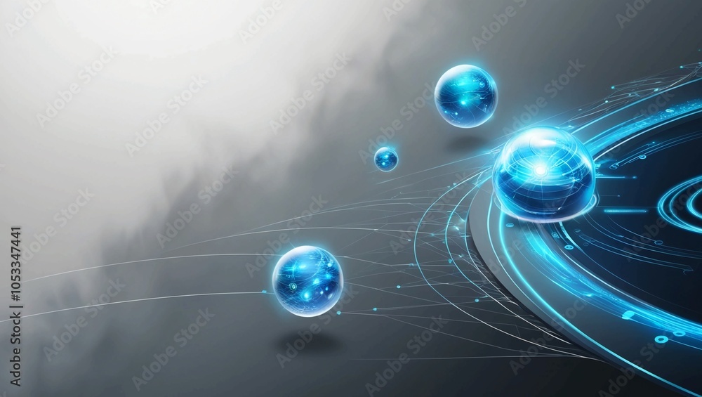 Poster high-tech digital interface with blue light elements and futuristic data visualization on a dark bac
