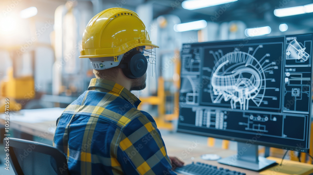 Poster focused engineer wearing safety gear, analyzing technical designs on computer screen in modern works
