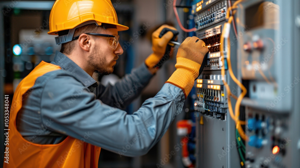 Poster focused engineer with protective gear analyzing control panel components, ensuring safety and effici