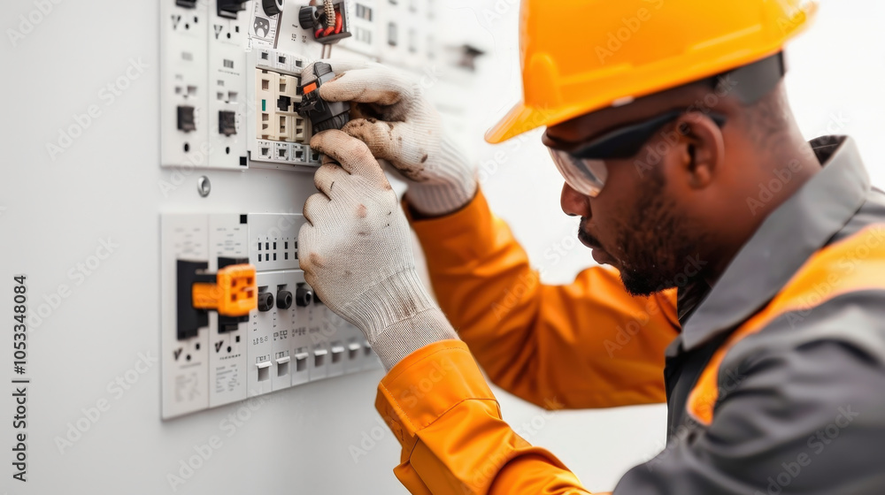 Poster focused engineer with protective gear analyzing control panel components, ensuring safety and effici