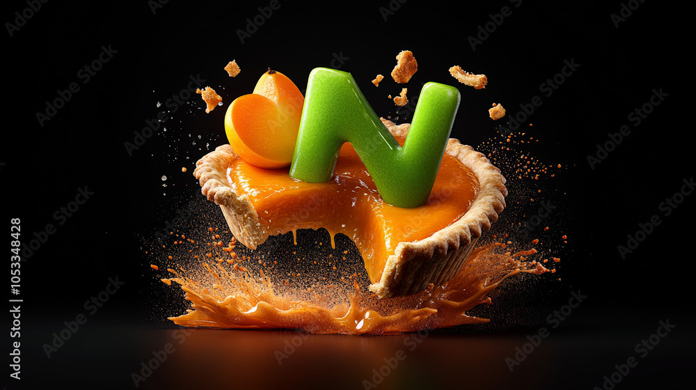 Poster pumpkin pie explosion: a vibrant, dynamic image of a pumpkin pie with a letter 'n' exploding with de