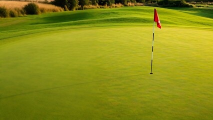Obraz premium Golf course green with red flag in hole at sunset.