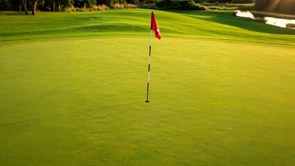 Obraz premium Golf hole with red flag on a green course at sunset.