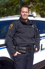 Man, portrait and police officer for service, outdoor and uniform for responsibility in urban city....