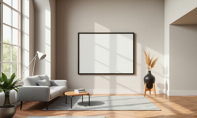 A modern living room with an empty picture frame and stylish furniture during daylight hours