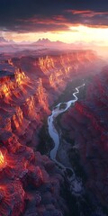 Fototapeta premium A breathtaking aerial view of a deep canyon at sunset, showcasing vibrant red rock formations and a winding river beneath dramatic clouds.