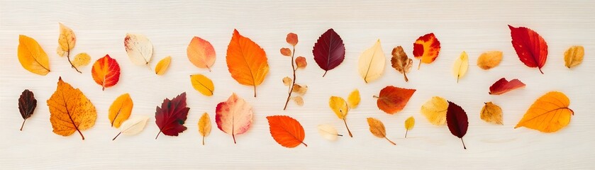 Fototapeta premium Collection of Colorful Autumn Leaves on a Wooden Surface
