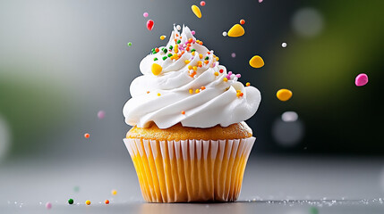 Sprinkles of Joy: A delightful cupcake, adorned with a swirl of creamy frosting and a flurry of colorful sprinkles, captures the essence of sweet celebration.