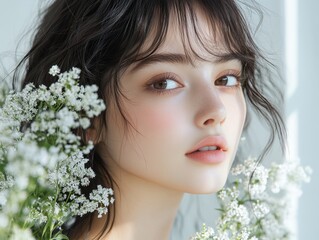 Naklejka premium Elegant portrait of a young woman with soft makeup and natural beauty