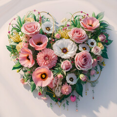 Floral bouquet in the shape of a heart. summer wildflowers are gathered in an exquisite delicate bouquet. grass, beads, leaves, twigs.
