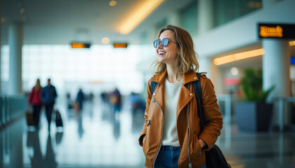 Fototapeta premium Smiling Woman Traveling at the Airport