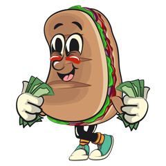 Sub Sandwich cartoon mascot illustration character vector carrying money, work of hand drawn