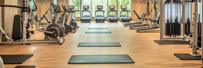 A spacious gym interior featuring various exercise equipment and workout mats.
