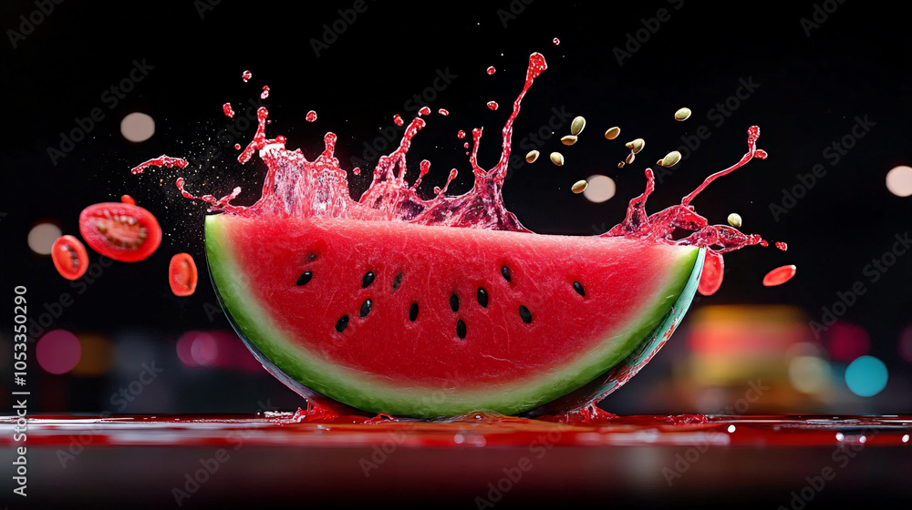 Poster watermelon splash: a refreshing burst of summer, captured in a vibrant image of a juicy watermelon s