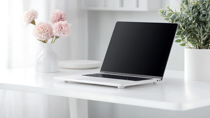 Fototapeta premium A minimal laptop setup on a clean white desk, with a focus on modern design 