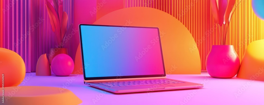 Poster 3d icon of a laptop with a vibrant and modern design, featuring sharp tech elements.