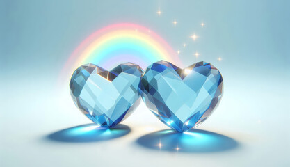 Two transparent blue hearts lie side by side on a light background, with their surfaces reflecting light and creating colorful reflections on the surface beneath.