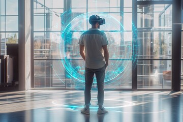 Man Experiencing Virtual Reality in a Modern Setting