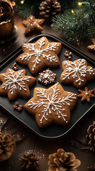 Fototapeta premium topdown shot of Christmas frost decorated cookies with trees, snow, stars