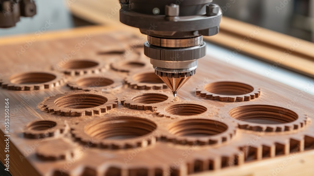 Aufkleber a cnc machine engraving circular patterns into a wooden surface.