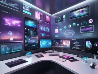Obraz premium A futuristic workspace with multiple screens displaying data and analytics.