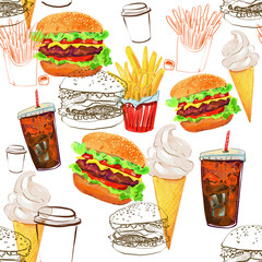 fast food collection. hand drawn seamless pattern. 