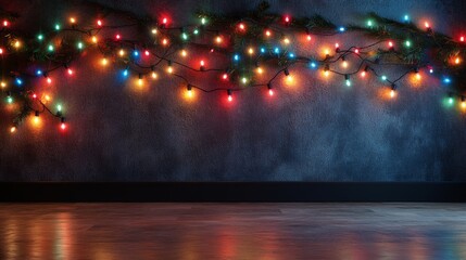 Christmas string lights glowing on a dark background