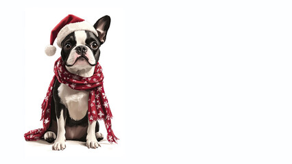 Fototapeta premium Adorable watercolor illustration of a Boston Terrier n festive Christmas outfit on a white background. Perfect for holiday banners, social media, and marketing.