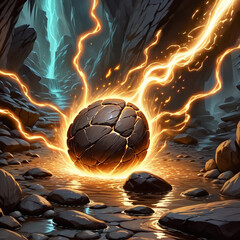 A glowing stone sphere sits in a rocky stream, surrounded by orange and yellow energy. The sphere is made of cracked, dark stone, and the stream reflects the energys light.