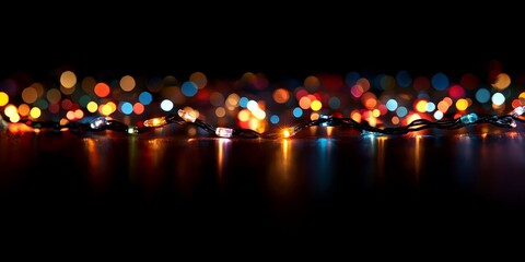 Christmas string lights glowing on a dark background