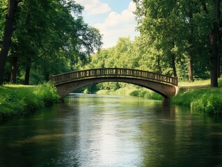 Fototapeta premium Charming bridge over a flowing riverside, embraced by lush greenery and serene nature.