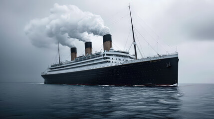 Naklejka premium majestic ship sails through calm waters under cloudy sky, with smoke billowing from its iconic funnels, evoking sense of nostalgia and grandeur