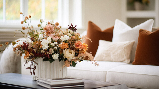 Beautiful autumn flowers bouquet, autumnal botanical home decor and floral arrangement, English countryside style and florist design for floral shop, flower arranging workshop or classes idea