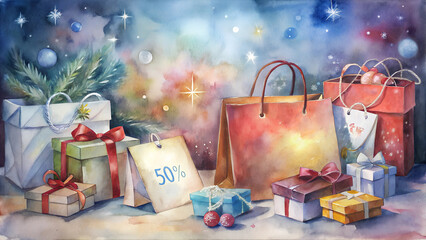 Shopping Bags and Boxes with "Clearance" and "50% Off" Tags, Scattered on a Festive Background with Christmas Decor Remnants, Bright Studio Lighting, Vibrant Composition