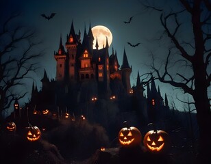 A haunted castle on a hill under a full moon, surrounded by a spooky forest with bats and jack-o'-lanterns in the foreground, halloween wallpaper backgroung 
