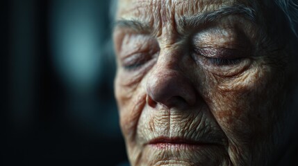 Fototapeta premium An elderly woman sits in quiet contemplation, her face illuminated by soft light. The intricate details of her features reveal a life rich in experience and emotion, evoking a sense of introspection.