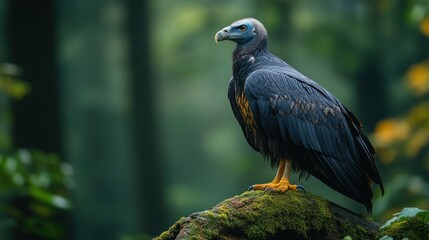 Fototapeta premium A close-up portrait of a majestic Andean Condor perched on a mossy rock, with a blurred forest background.