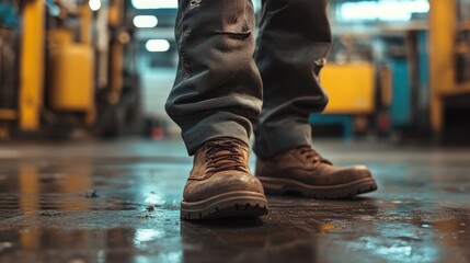 Close Up of Worn Work Boots on Factory Floor