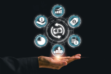 A conceptual image illustrating return on investment with financial symbols and a hand gesture, ideal for business and finance themes.