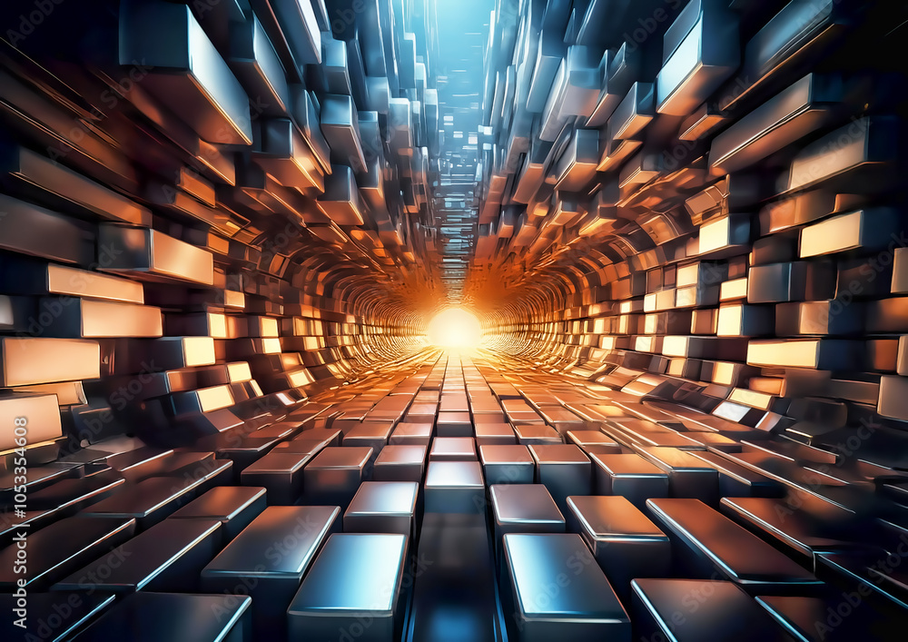 Poster abstract technology background with glowing cubes. 3d rendering, 3d illustration.