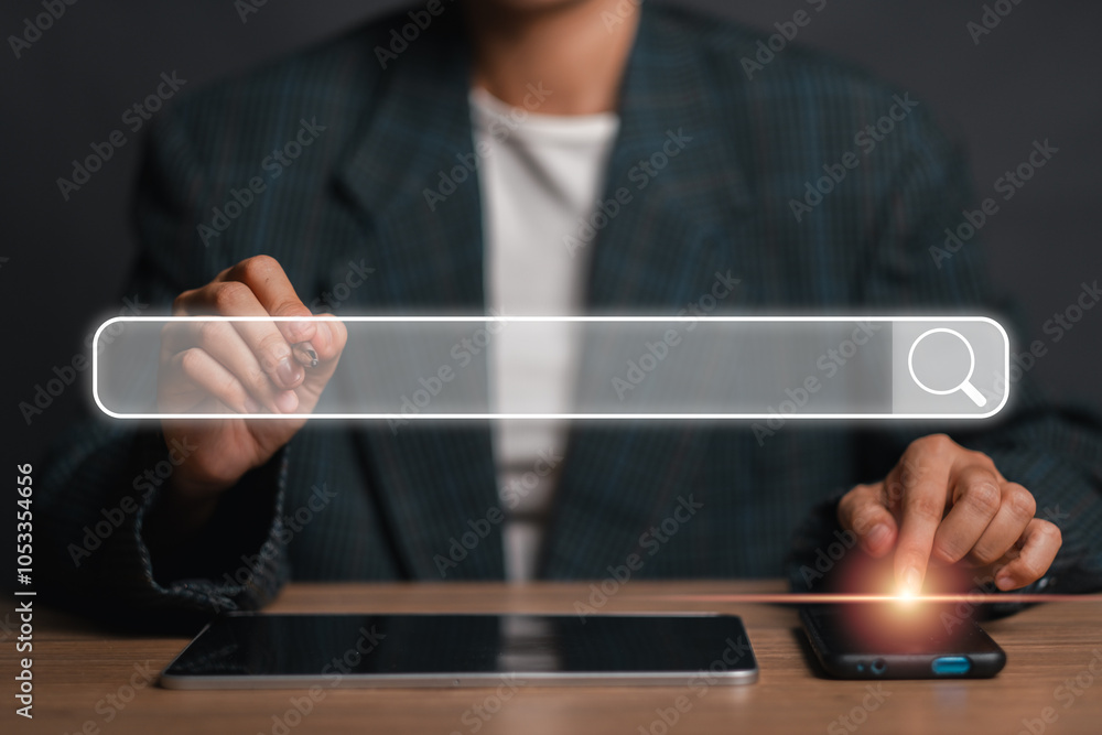 Poster visual representation of seo with a search bar interface on digital devices, symbolizing online mark