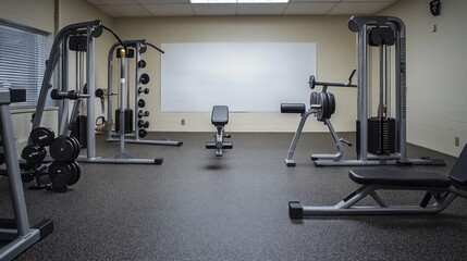 Obraz premium A well-equipped gym with various fitness machines and weights for exercise and training.