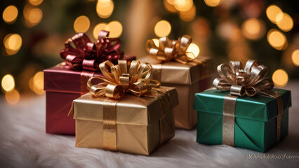 Obraz premium An image of beautifully wrapped Christmas gifts with luxurious paper and shiny ribbons, set against a backdrop of soft glowing lights