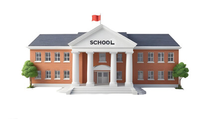 A 3d school building icon with a red brick facade, white columns, and a red flag on top. The word "SCHOOL" is prominently displayed on the front. Two trees on either side.