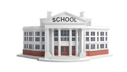 A 3d school building icon with a red brick facade, white columns, and a red flag on top. The word "SCHOOL" is prominently displayed on the front. Two trees on either side.