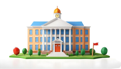 A 3d school building icon with a red brick facade, white columns, and a red flag on top. The word "SCHOOL" is prominently displayed on the front. Two trees on either side.